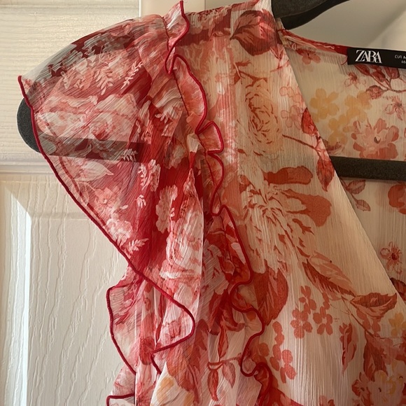 Zara Floral Red Patchwork Sheer Midi Sleeveless Dress M - Picture 6 of 16